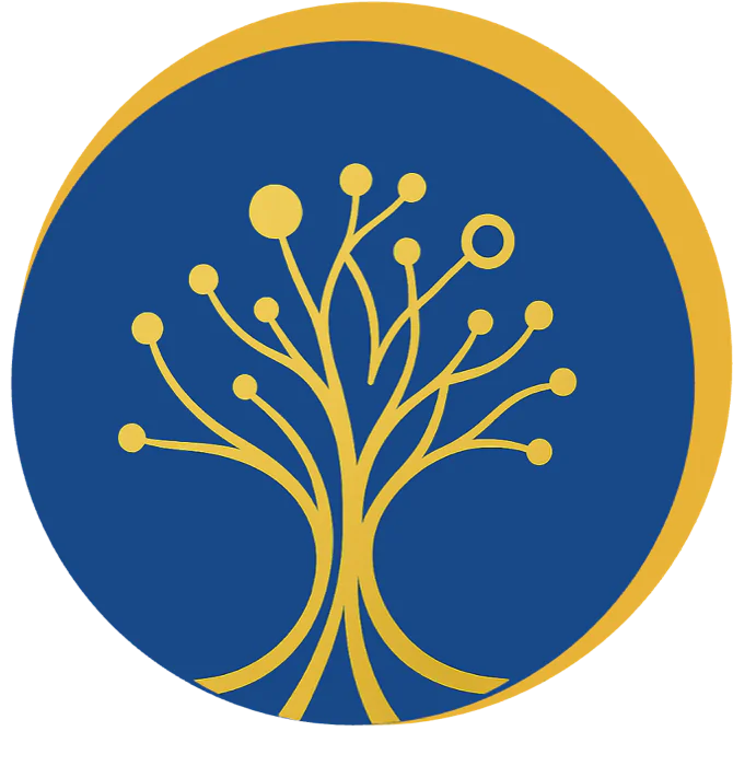 Le symbole de SymbioteK : un arbre-circuit or sur un disque marine, bordé d'un croissant or.